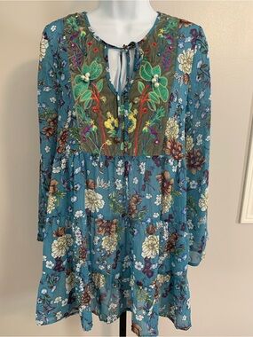 NWOT Aratta Silent Journey Teal Blue Floral Embroidered Peasant Top